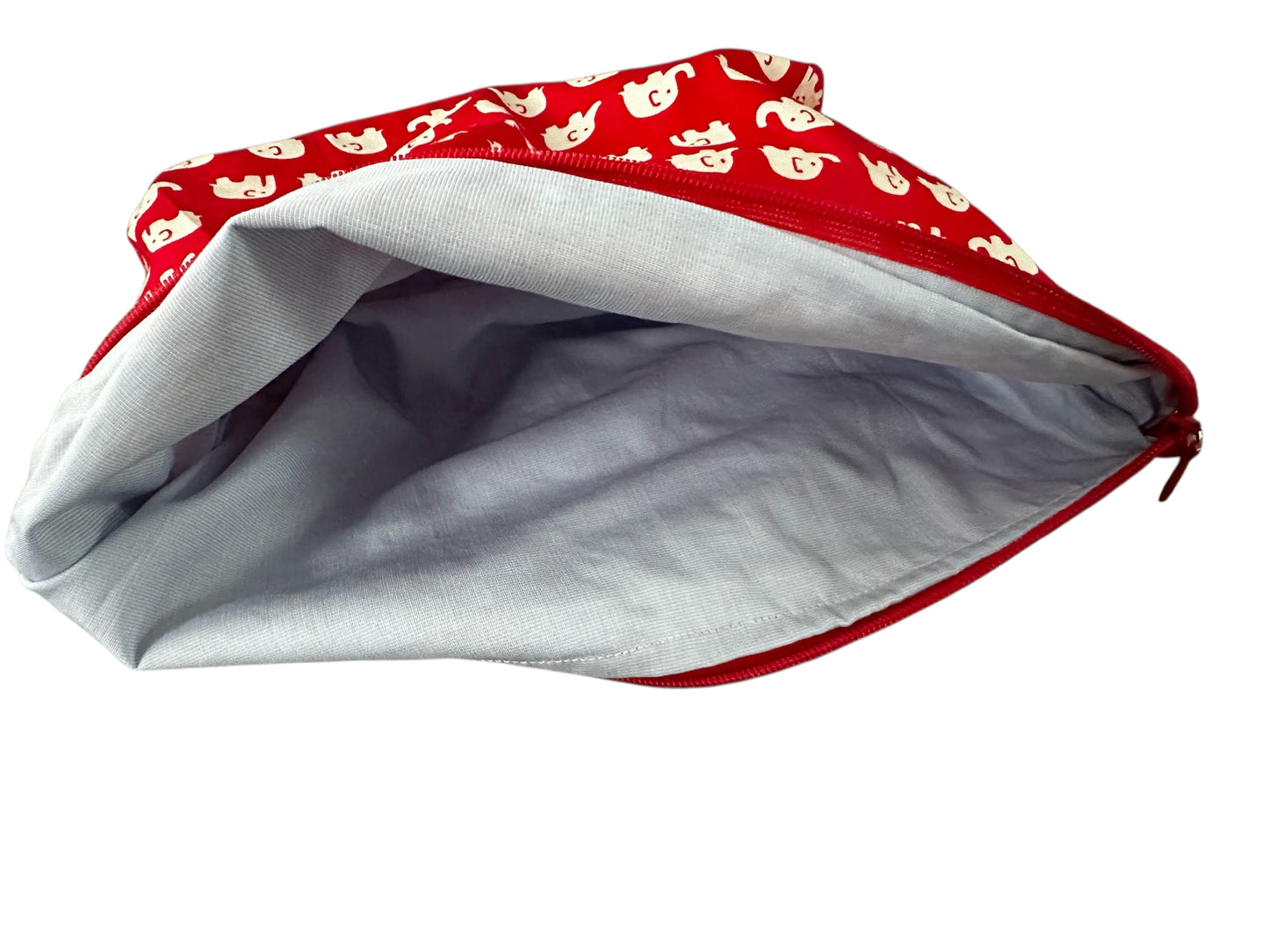 Handmade Medium Cotton Makeup Bag – Vibrant Red with White Elephants