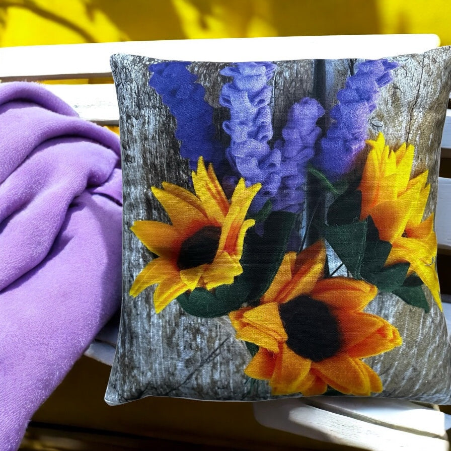 Rustic Style Cushion Cover with Vibrant Summer Flowers Handmade in Natural Look Cotton Drill Fabric