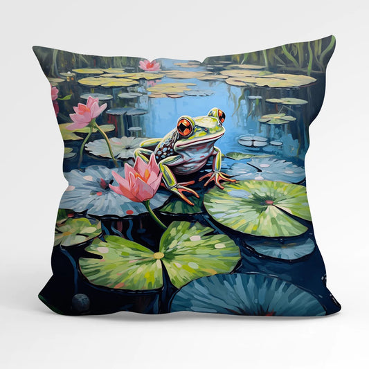 Peaceful Frog on a Lily Pad Fun Outdoor Cushion Colourful Handmade Water Resistant and Reversible