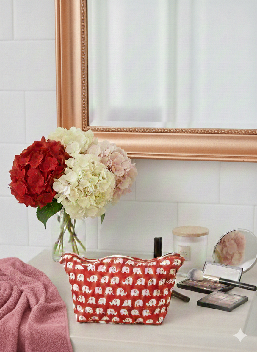 Handmade Medium Cotton Makeup Bag – Vibrant Red with White Elephants