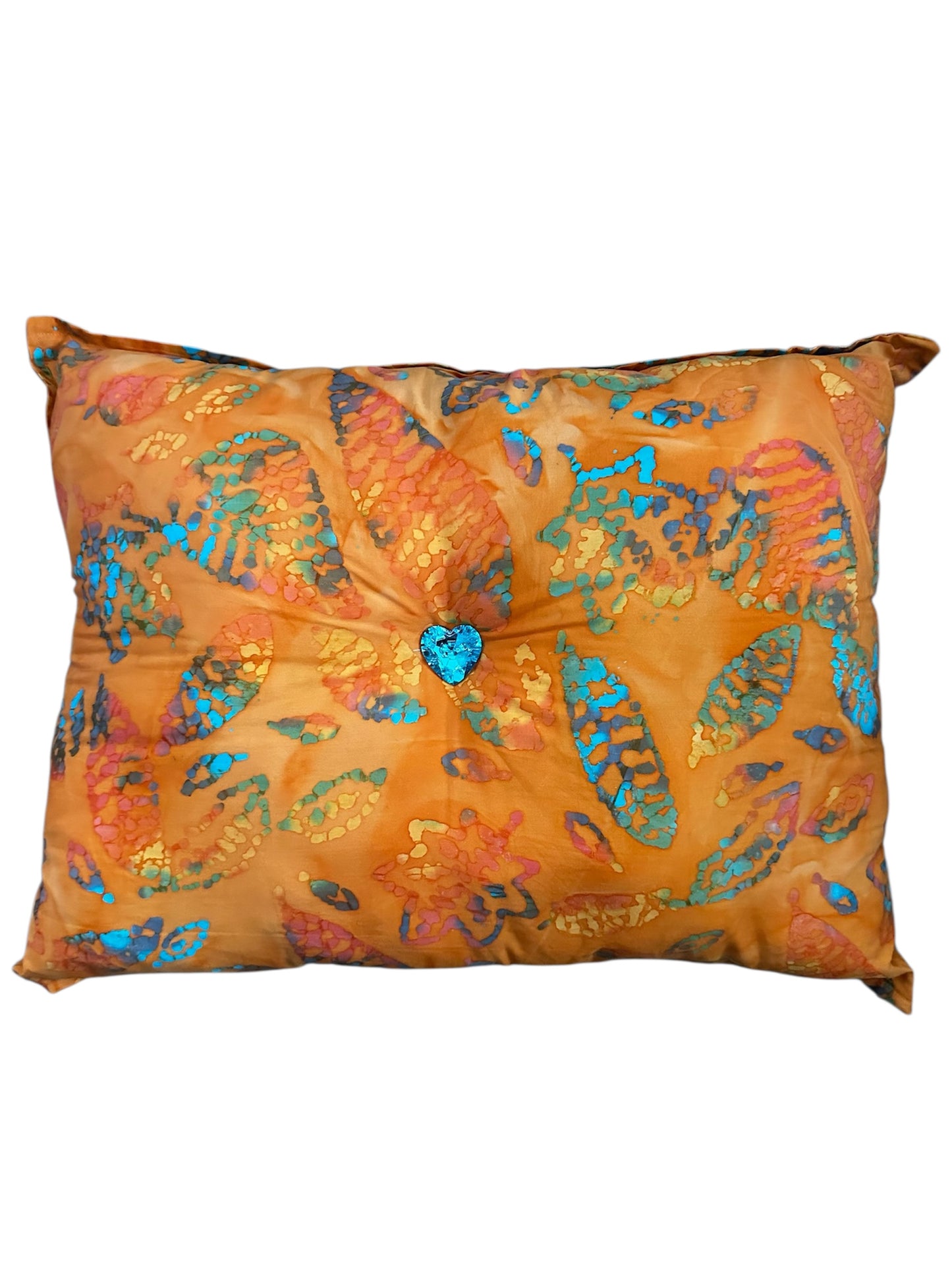 The Bella Solstice: Handmade Batik Cotton Cushion with Orange & Turquoise Leaf Print with Heart Detail