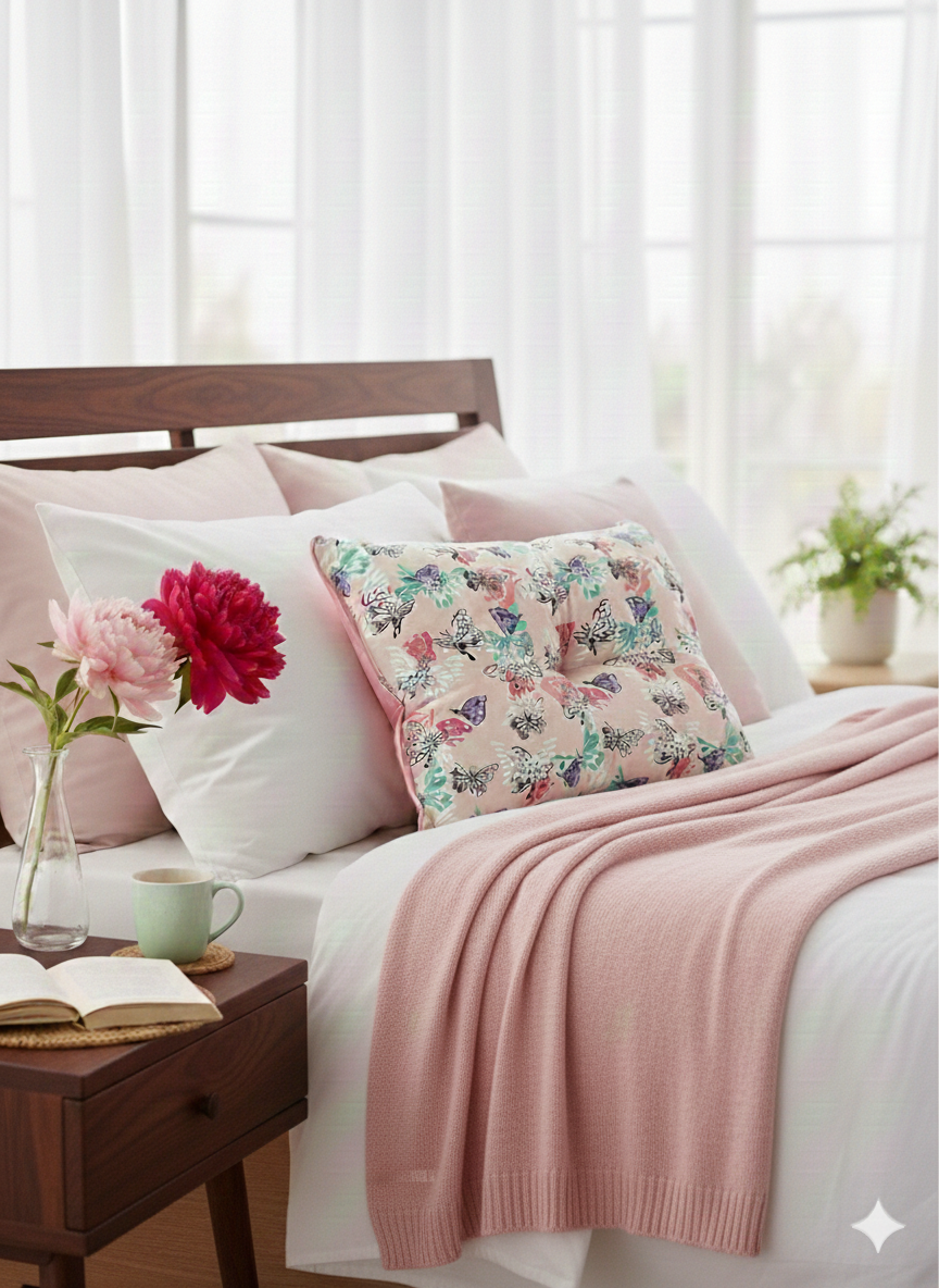 Bella Butterfly Bloom: Handmade Pastel Pink Cushion