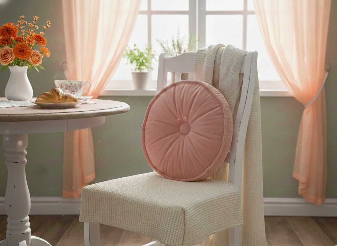 Bella Button Nook: Soft Suedette Blush Coloured Round Handmade Cushion
