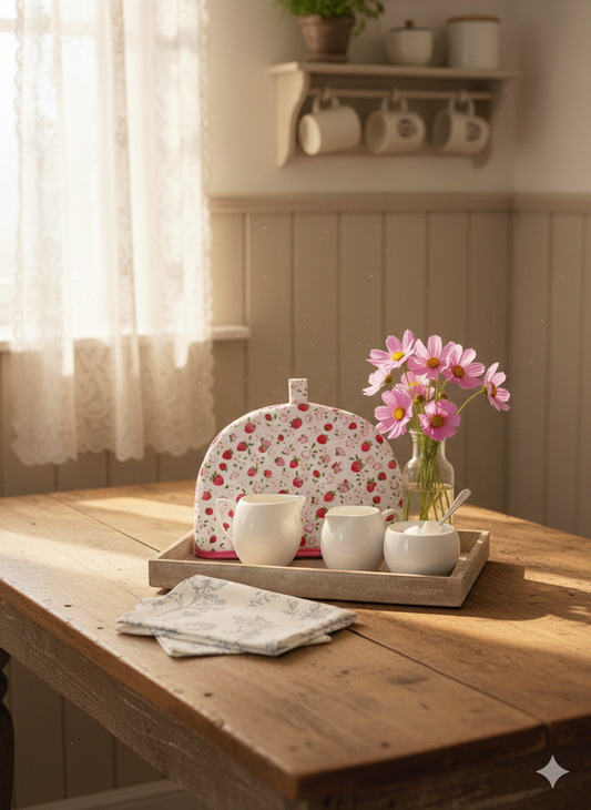 Small Cottage Style Tea Cosy in Strawberries and Pink