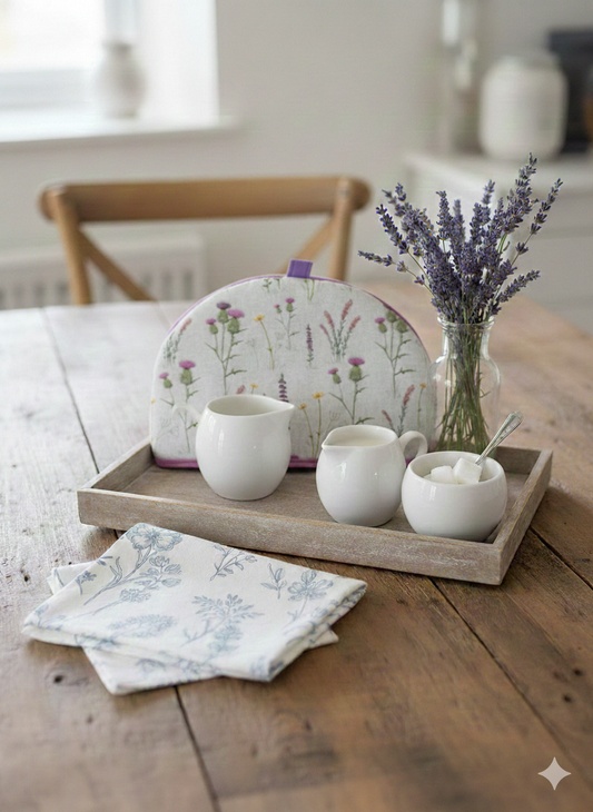 Small Cottage Style Tea Cosy purple thistles