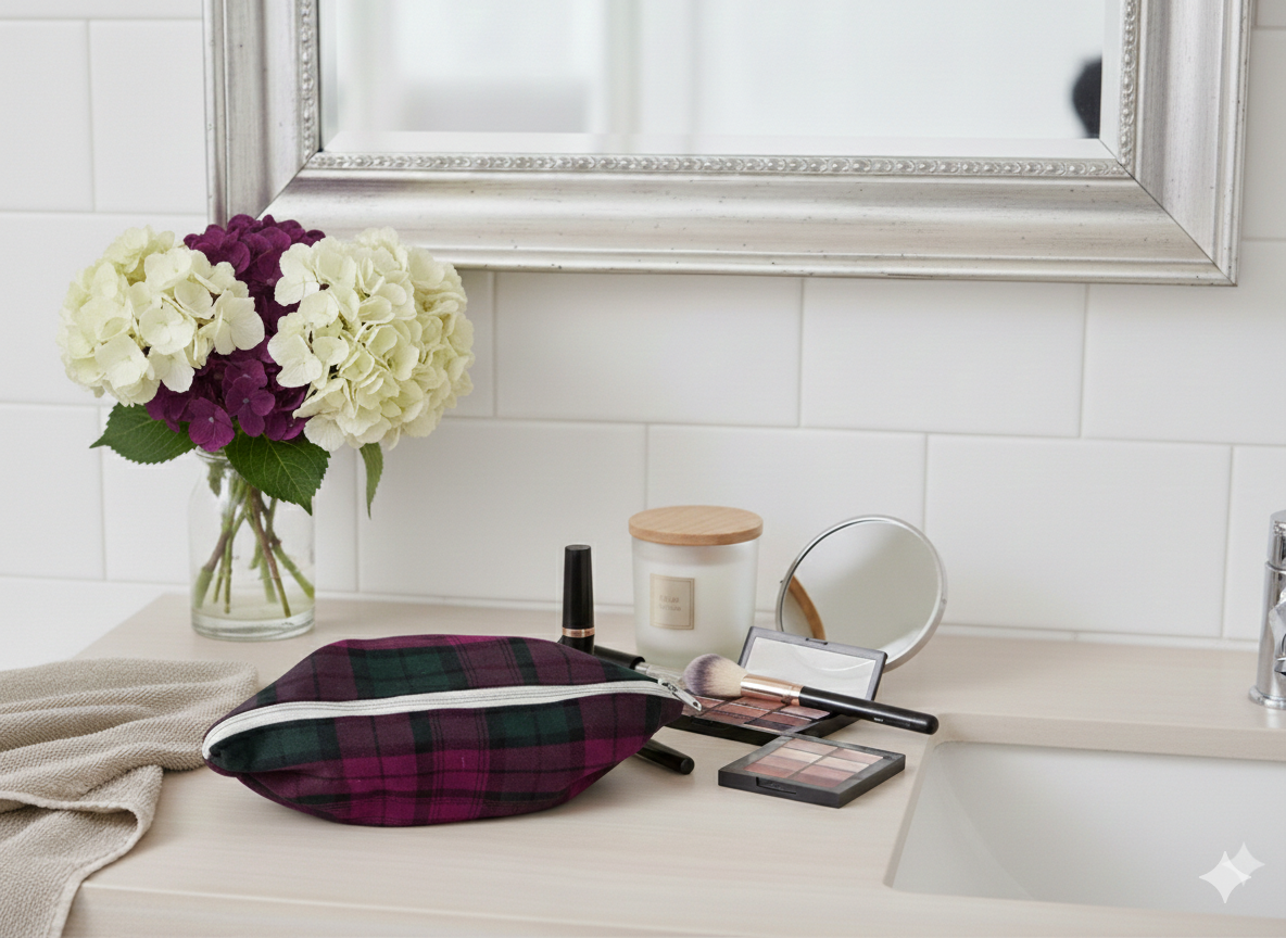 Handmade Purple Tartan Beauty: The Medium Cotton Makeup Bag