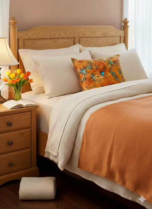 The Bella Solstice: Handmade Batik Cotton Cushion with Orange & Turquoise Leaf Print with Heart Detail