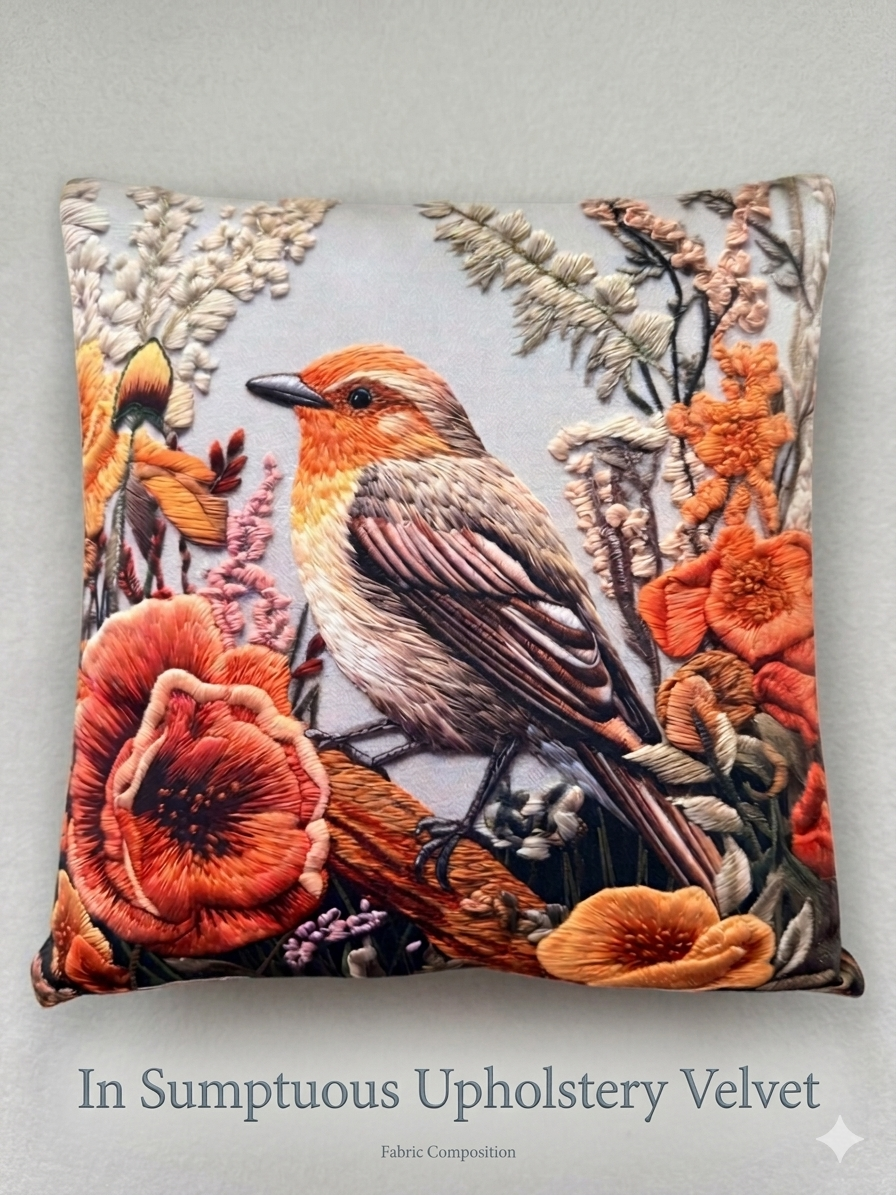 Handmade Robin Velvet Cushion with embroidered look for luxury home decor